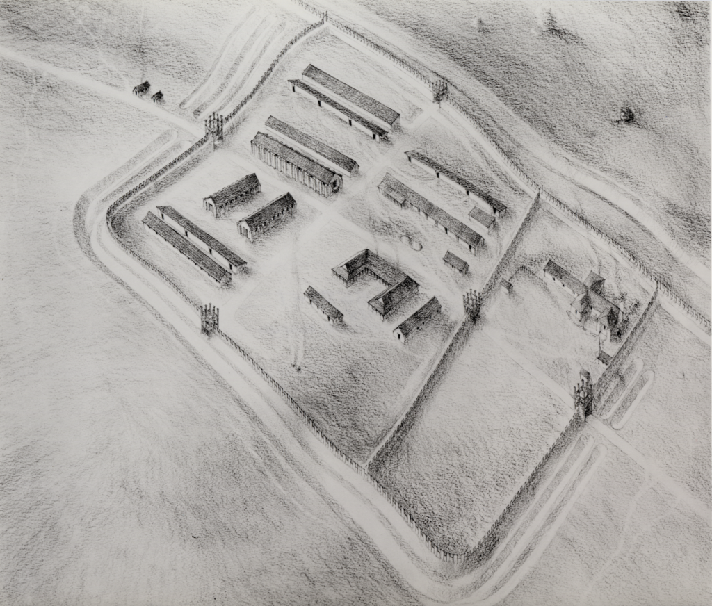 Drawing in charcoal of a rectangular fort with 8 long, ractangular buildings, one U-shaped building and four smaller rectangular buildings inside the wall and ditch