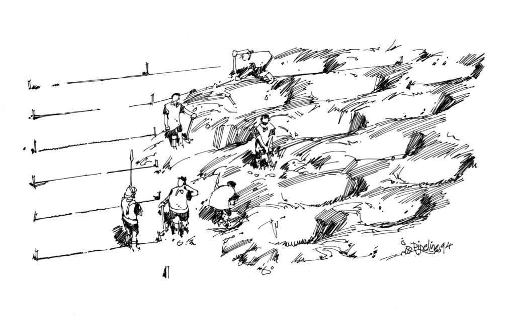 Black etching of the pits described above from a side angle, showing people digging the pits with shovels. 