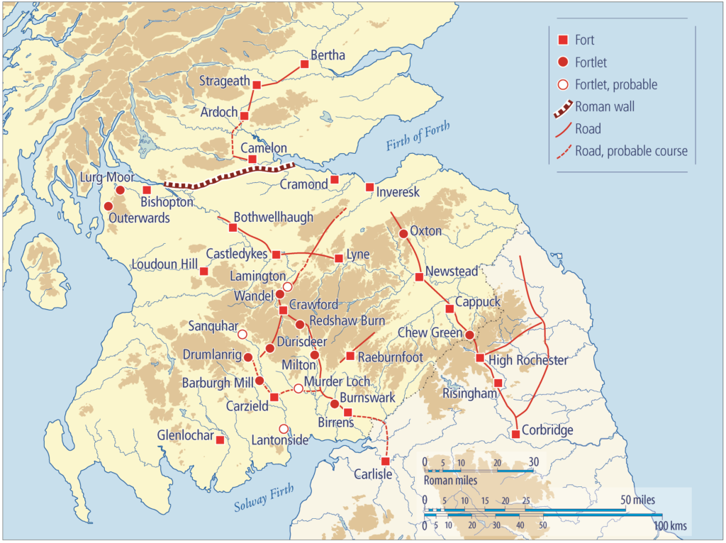 A digital map of Southern Scotland and Northern England showing terrain in gradiants of white, yellow and brown. Rivers are shown with blue lines. The antonine wall is shown as a dotted dark red line, with important sites dotted using bright red squares and labelled. 