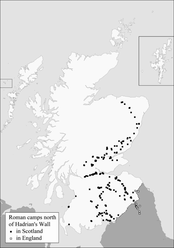 White and grey GIS map of Scotland and Northern England with black squares denoting the location of known  Roman camps in Scotland, and white squares showing camps in England above Hadrian's Wall. 