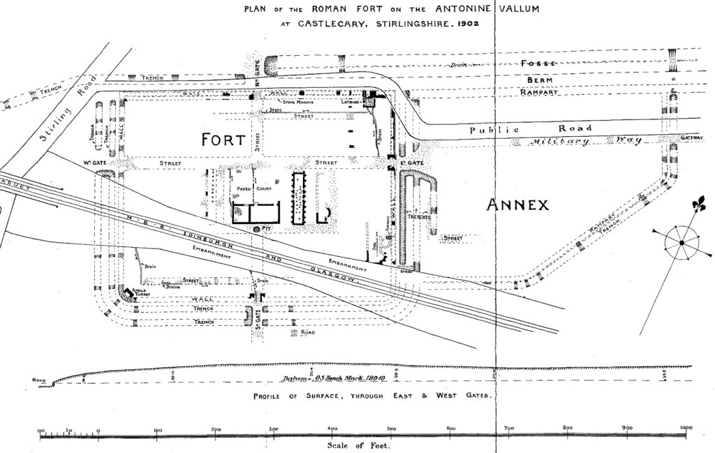 Line drawn plan on white paper showing the outline of a fort and annexe with labels, measurements and a north arrow. 