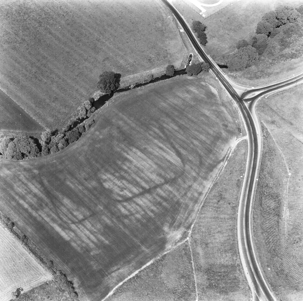 Black and white aerial image of a field with square and rectangle cropmarks overlapping. They each have rounded corners and appear dark grey against the light grey and white field. 