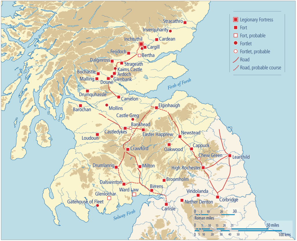 Map of southern Scotland showing the position of forts, forlets and roads during the Flavian period