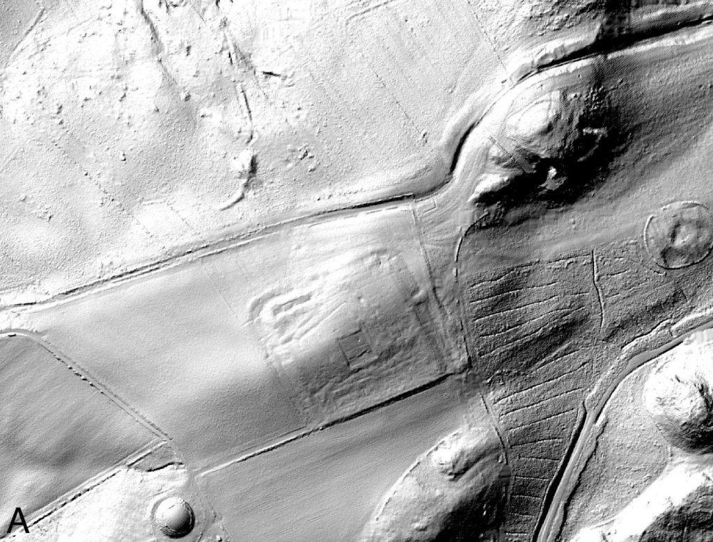 A grey scale LiDAR image showing square ditched structure with a smaller square structure inside