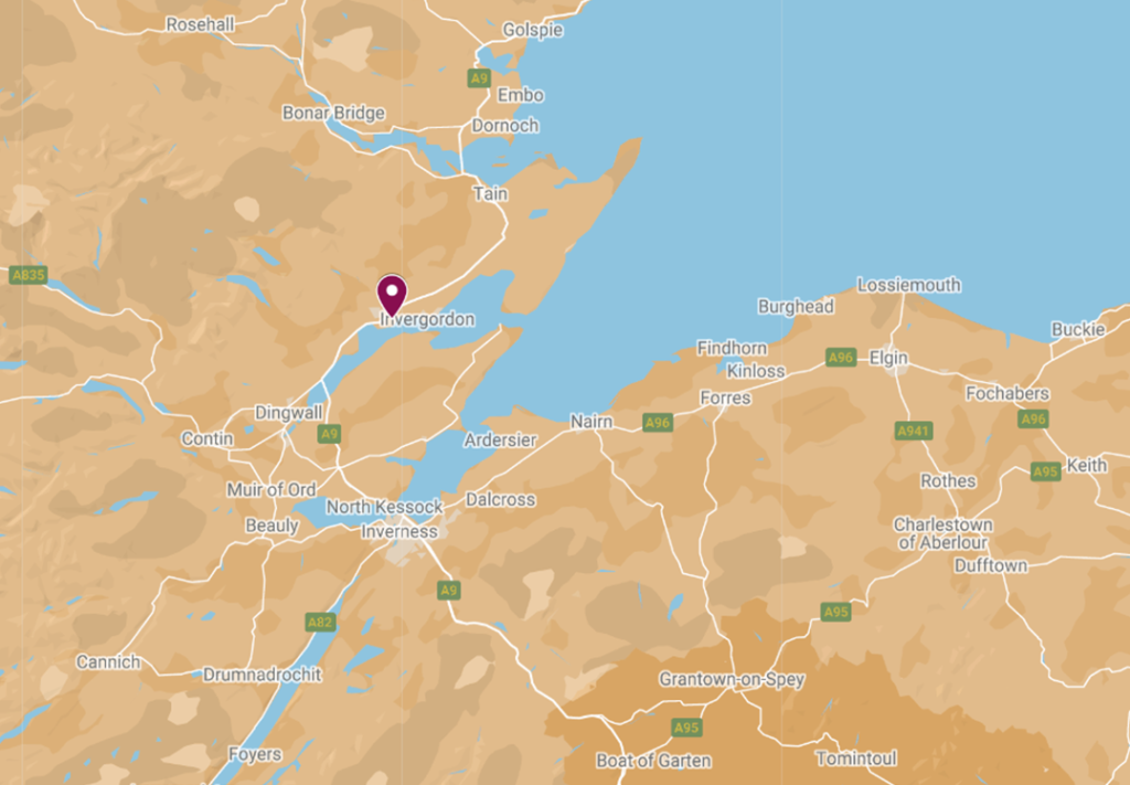 Map of northern Scotland showing the location of Dalmore, near Tain, with a purple marker