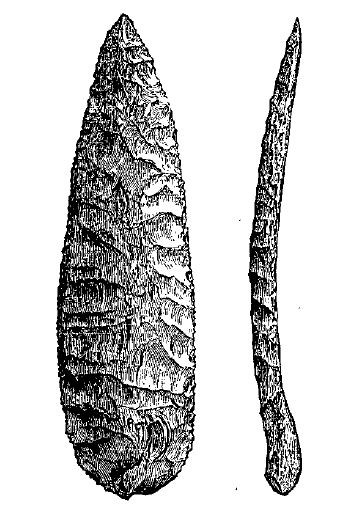 Artefact image in black ink of the front and profile view of a curved spear-shaped object with clear scrape marks from being shaped. 