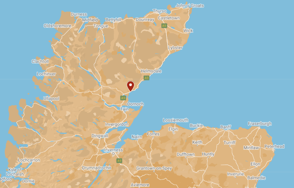 Map of northern Scotland with a red marker showing the location of Golspie near Dornoch