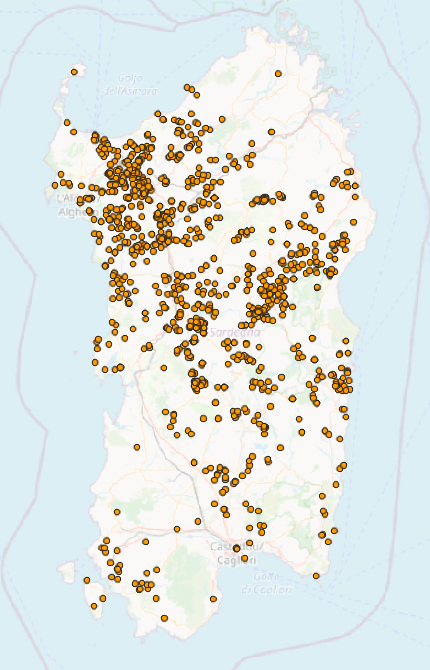Distribution map of Sardinia with Domus de Janus sites located in orange dots