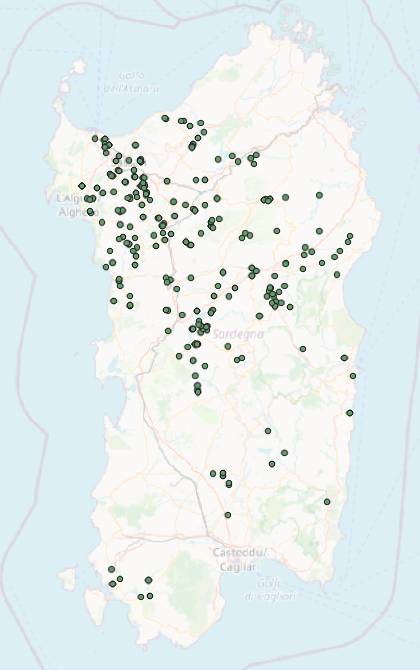 Distribution map of Sardinia with decorated tombs sites marked with green dots