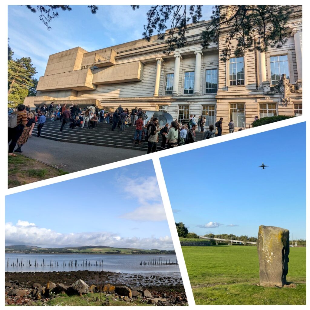 Top: Delegates at the closing reception of EAA 2023 at the Ulster Museum; Bottom left: Timber Ponds at Port Glasgow, with hundreds of pieces of timber poking out of the surface of the water, parallel to one another; Bottom right: Standing stone at Huly Hill with a plane in the blue sky