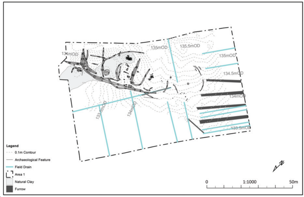 Digital drawn plan of an oval archaeological feature in black and grey, with a storm drain grid in light blue. 