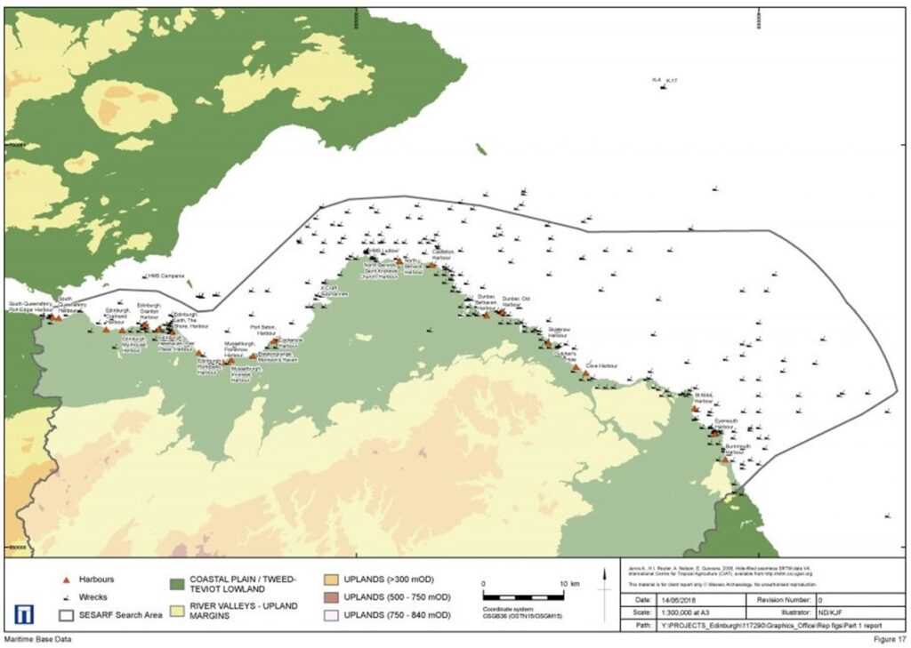 Illustrated map showing the scatter of known harbors and wrecks along the coastline of the SESARF region