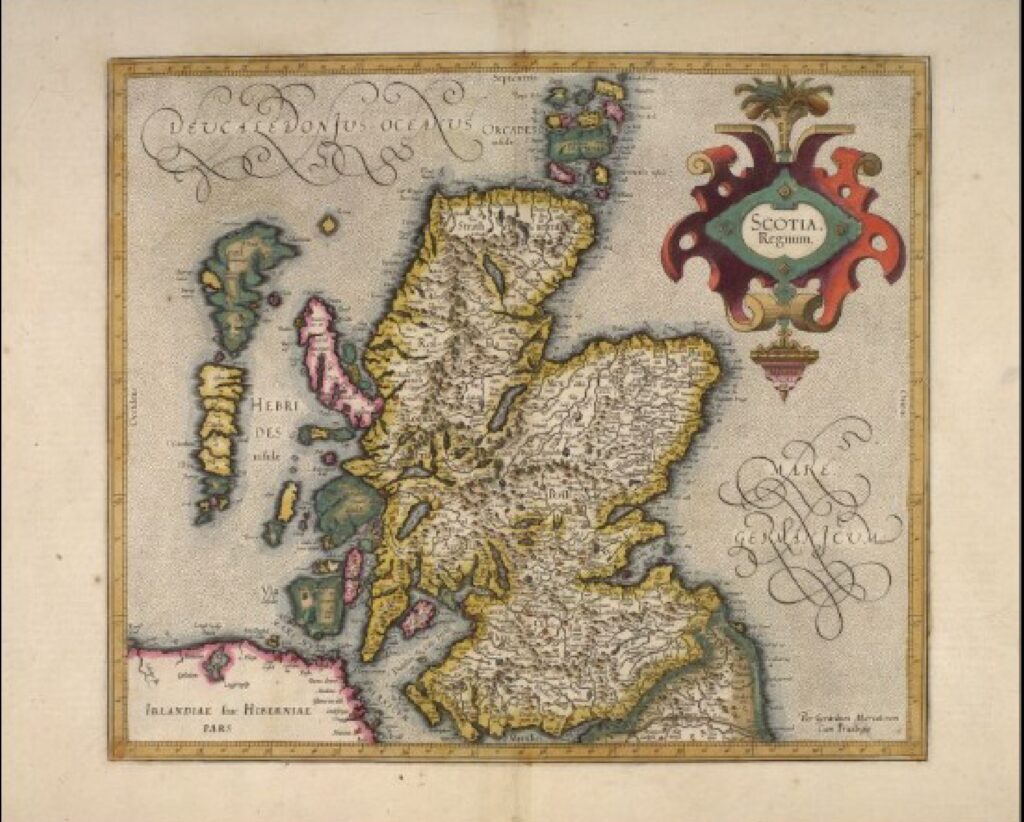 Illustration of a late 16th century map of Scotland. 