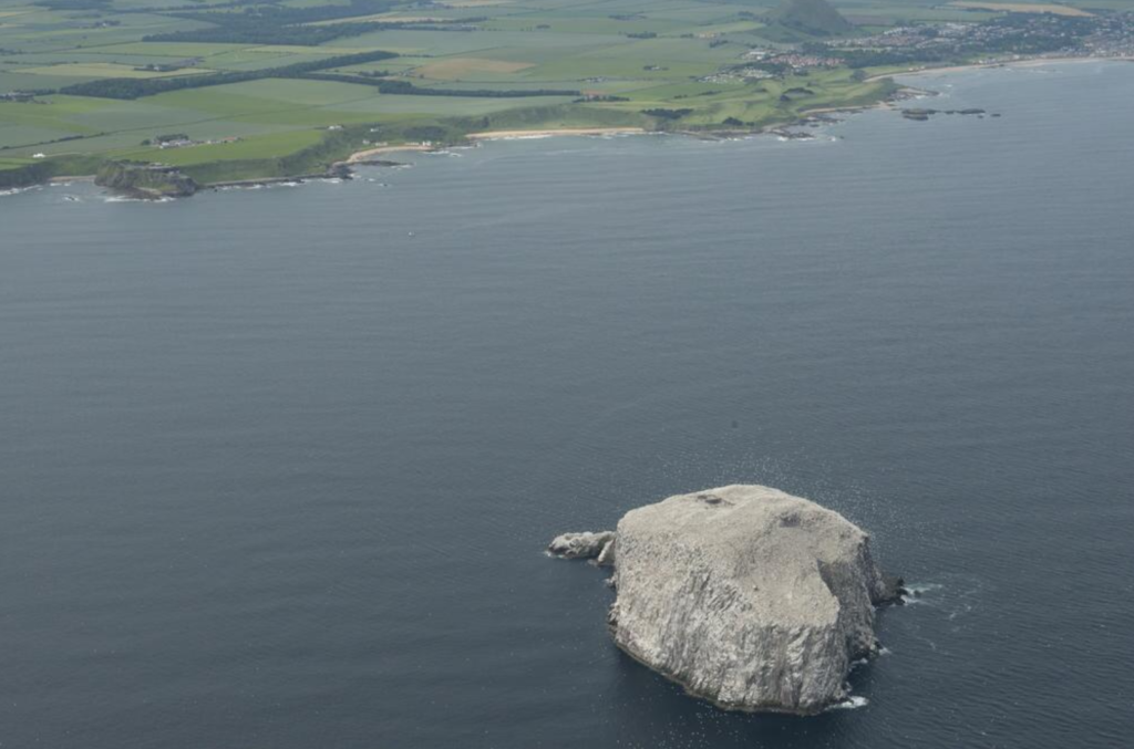 Aerial view of a large rock in the ocean. The coastline is visible in the background.