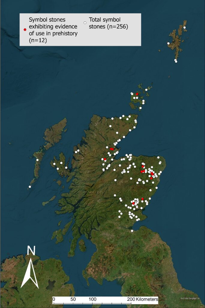 Distribution map showing Scotland and its islands, with white and red dots denoting symbol stones across Pictland. The majority of the dots are concentrated in eastern Scotland. 