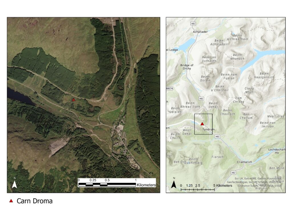 Two images side by side. The left, an aerial view of a rural area with a red triangle marking the location of Carn Droma. On the right, a terrain map in white and grey, again with a red triangle showing Carn Droma. 