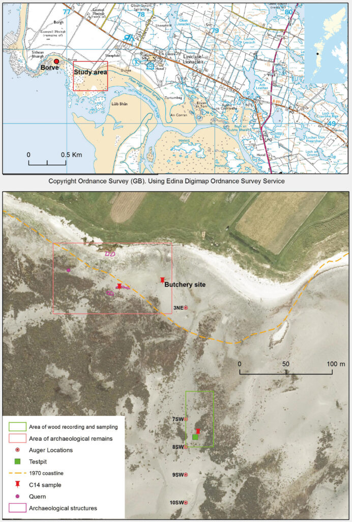 split image where the top third is a digital map showing the location of the site and the bottom two thirds shows an aerial photograph of the site with a key showing the 1970s coastline and important areas. 