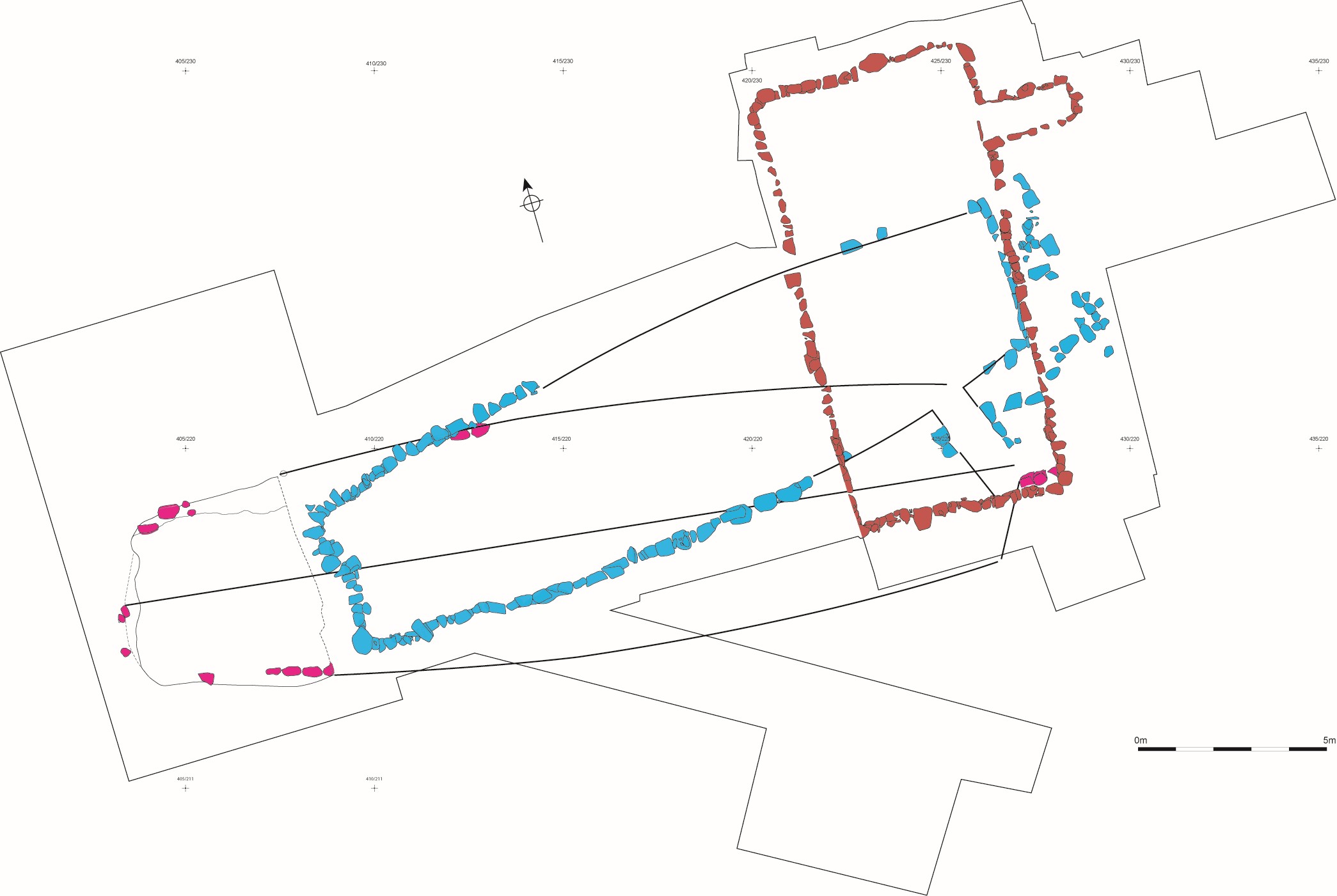 Layered plan drawing showing three subrectangular houses stacked on top of each other as proven in the excavation. The projected shapes of the houses are outlined in black, and the physical evidence for each house is colour coded, pink, blue and brown. 