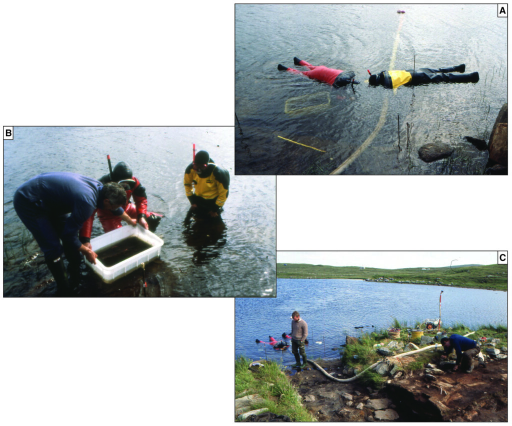 Composit of three images showing excavators in the water investigating the islet using snorkles, sieves and photography.
