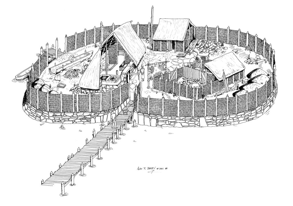 Black and white reconstructive drawing showing a large enclosed homestead with three distinct buildings surrounded by a large wall and a wooden bridge extending to the bottom of hte image.
