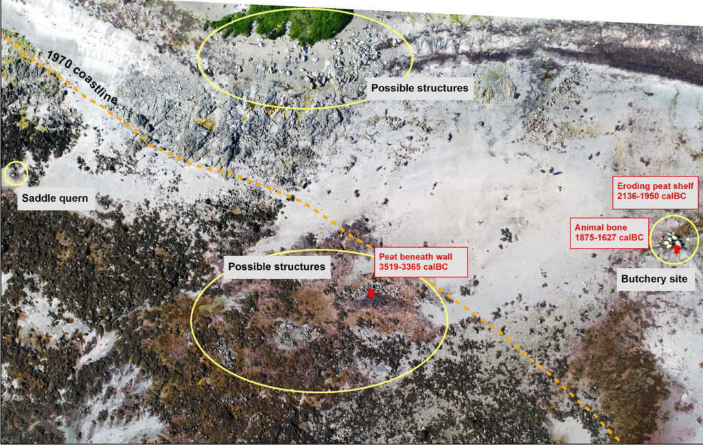Annotated aerial photograph with yello ovals and text boxes with red or black writing showing where the archaeological evidence was discovered. 