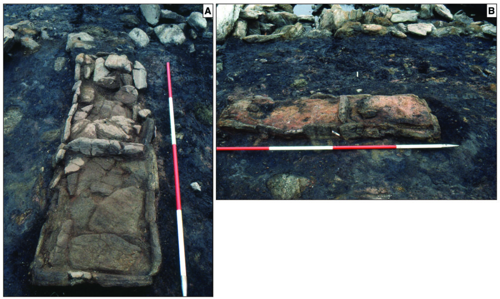 Composite of two images showing different angles of a large rectangular, stone-lined hearth in an Early Period structure.