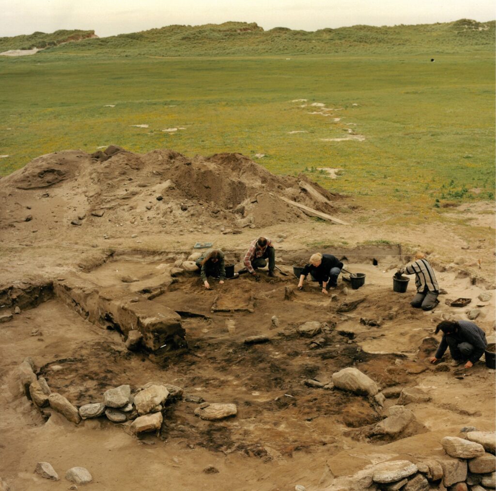 Photograph of a group of five people kneeling in a semicircle inside an open trench. They are scraping back sandy soil with trowels and using buckets to collect their sand. 