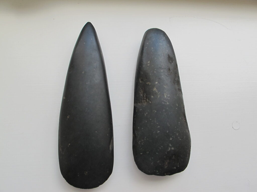 Two smooth felsite axeheads placed on an off-white background. The left axehead is slightly longer and has a pointed top and rounded bottom. The axehead on the right is more irregularly shaped. Both axeheads are black with white inclusions.