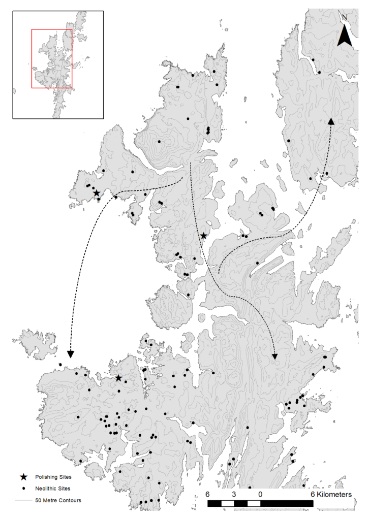 Digital greyscale map of central Shetland showing routes of movement using arrows and showing important archaeological sites from the Neolithic period using black dots.