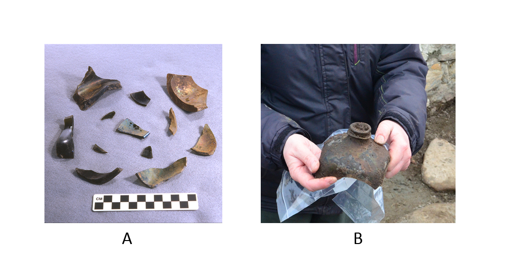 Two photographs side by side. On the left, a dozen shards of a broken pot or plate are placed on a light purple background. On the right, a person is holding the top of a broken ceramic jug which is still covered in soil from an excavation. Only the person's torso and hands are in frame. 