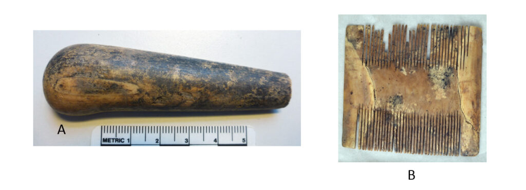 Two photographs side by side. On the left, an oblong artefact which tapers in on one end sits on a light grey backgrouns. The object is yellow-brown with dark brown and black stains across it. On the right, a double sided comb with some broken tines. It is dark yellow-brown and appears cracked in some places.