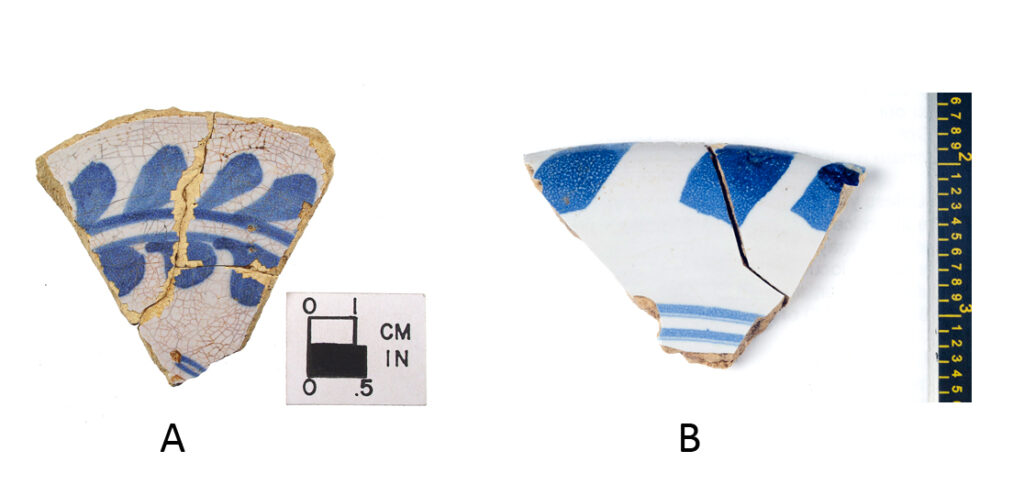 Two photographs side by side. Both are of triangular shards of ceramic and are white with blue patterns painted on them. 