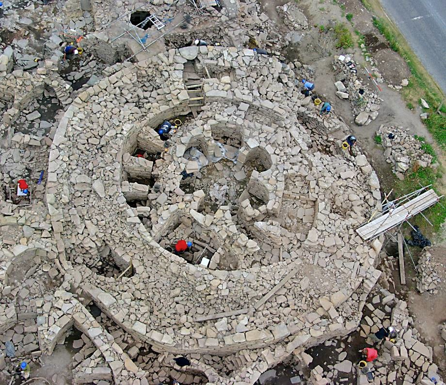Aerial view of a large, circular stone building