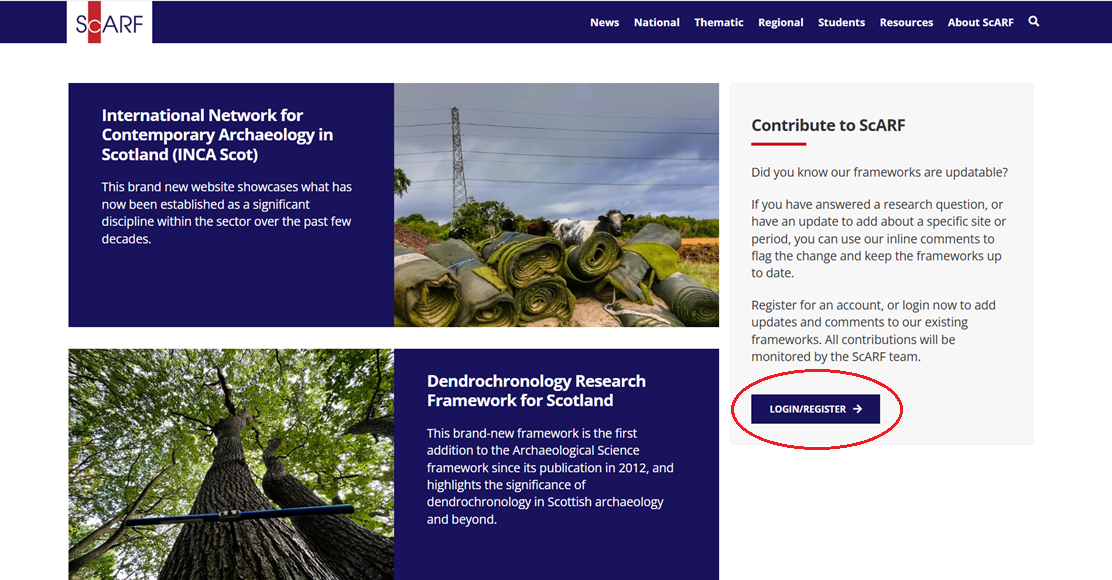 Screenshot of ScARF website with the Login/register button circled in red.