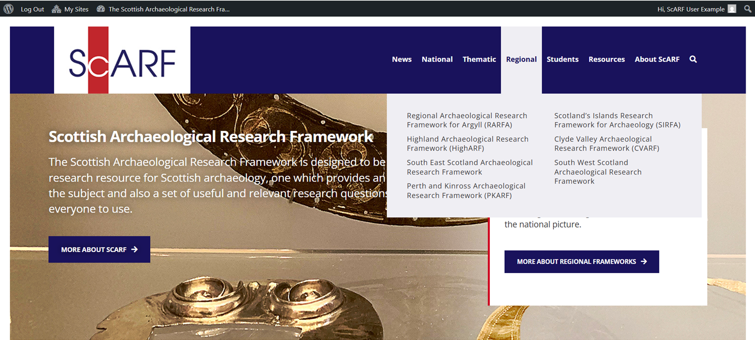 Screenshot of the ScARF website with the top menu showing options for each of the Regional frameworks you can navigate to.