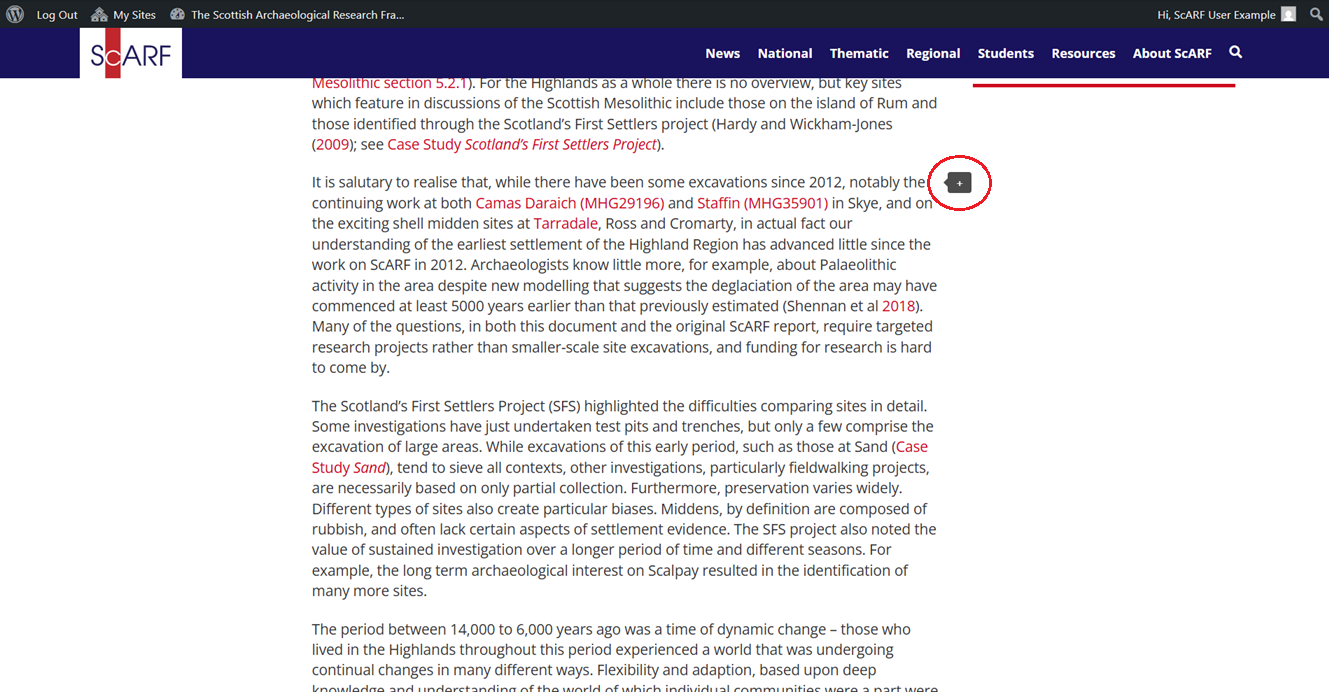 Screenshot of a page in the Highland framework showing the add comment button circled in red.