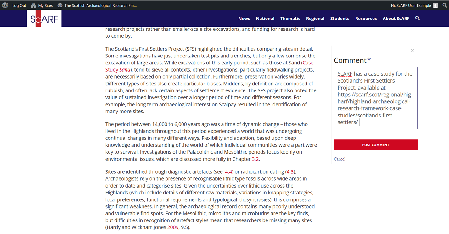 Example of adding a comment on the ScARF website.