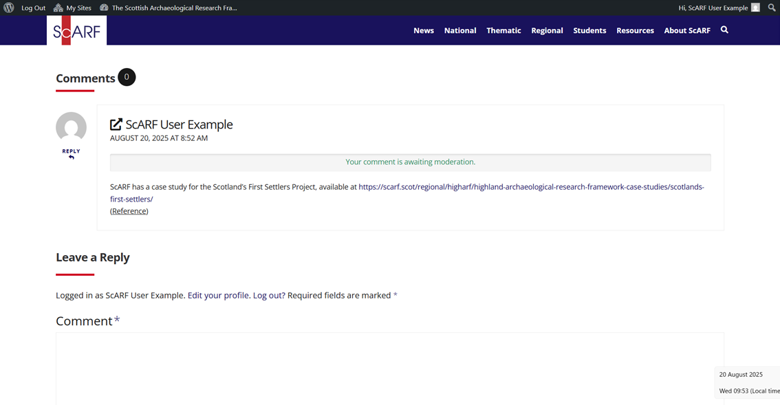 Screenshot showing how a submitted comment appears on the ScARF website before apprival.