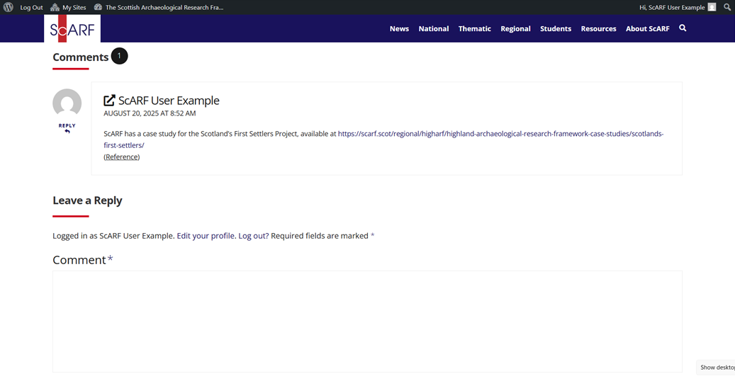 Screenshot of approved comment at the bottom of the ScARF page.
