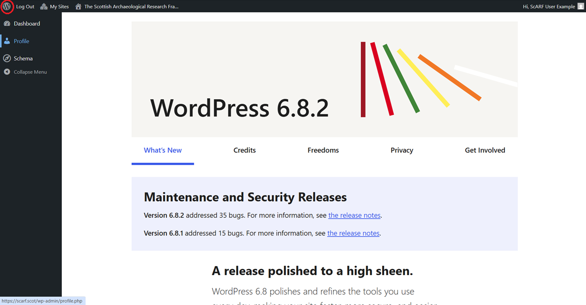 Screenshot of the WordPress homepage via the ScARF website and the W symbol to access this page circled in red.