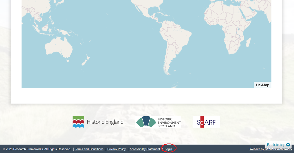 Screenshot of the Regional Frameworks webpage with the login button circled in red.