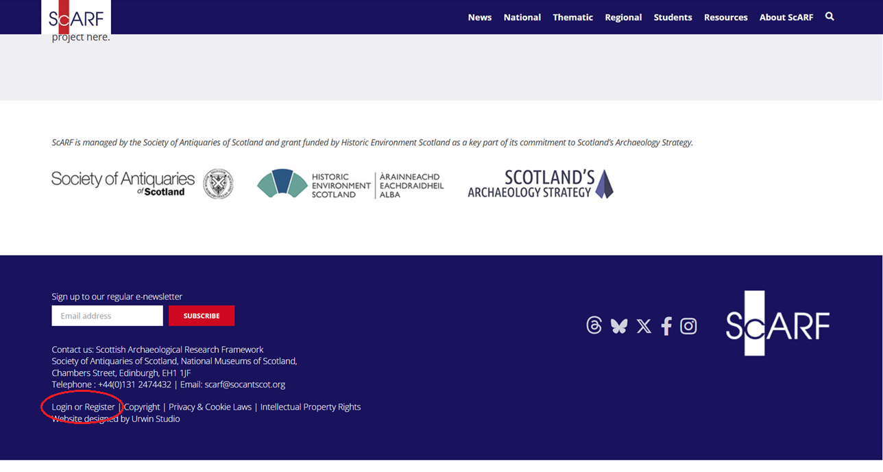 Screenshot of ScARF website with the Login/register button at the bottom of the webpage circled in red.