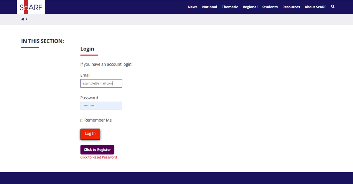 Screenshot of the ScARF login page showing where you should enter your email and password.