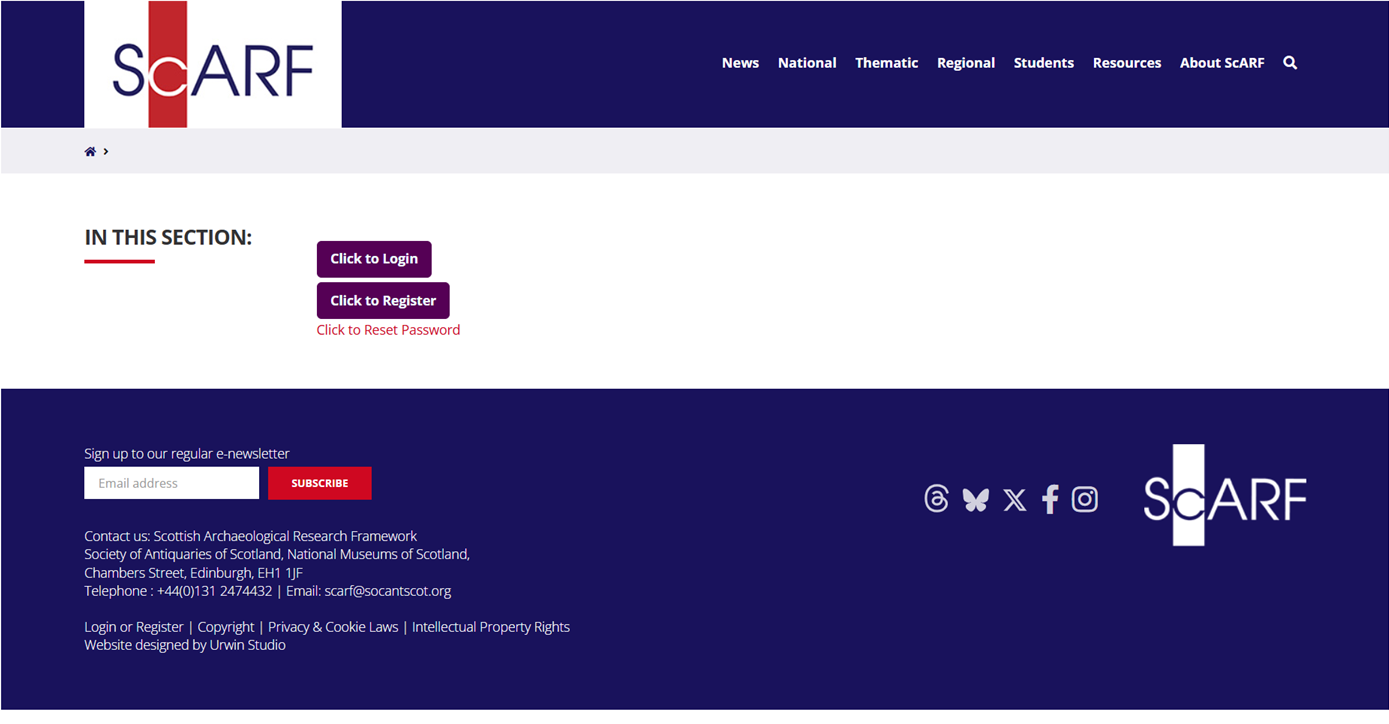Screenshot of ScARF login page, with the option to login or register.