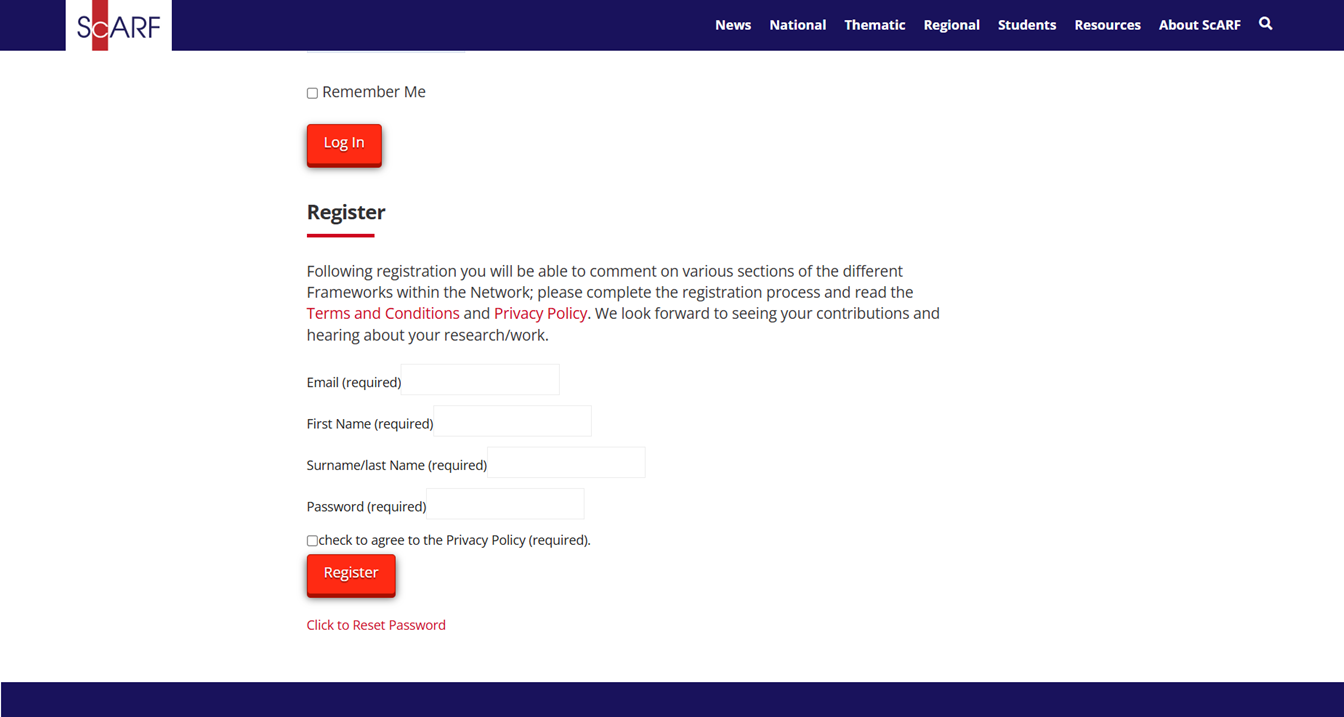 Screenshot of the ScARF registration form.