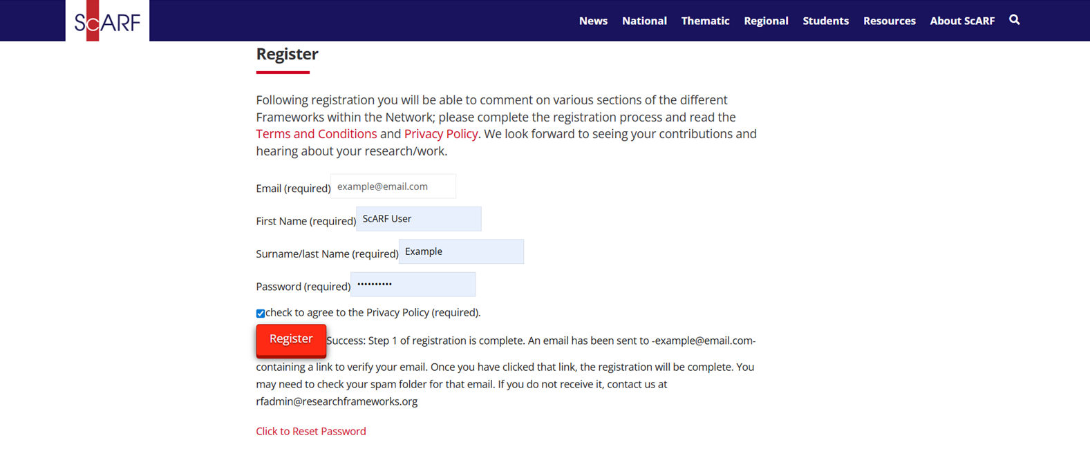 Screenshot of ScARF registration page showing where you should enter your name, email and password.