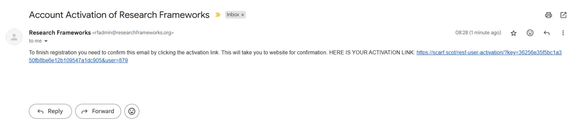 Screenshot of the email from RF Admin you'll receive once you register on the ScARF website.