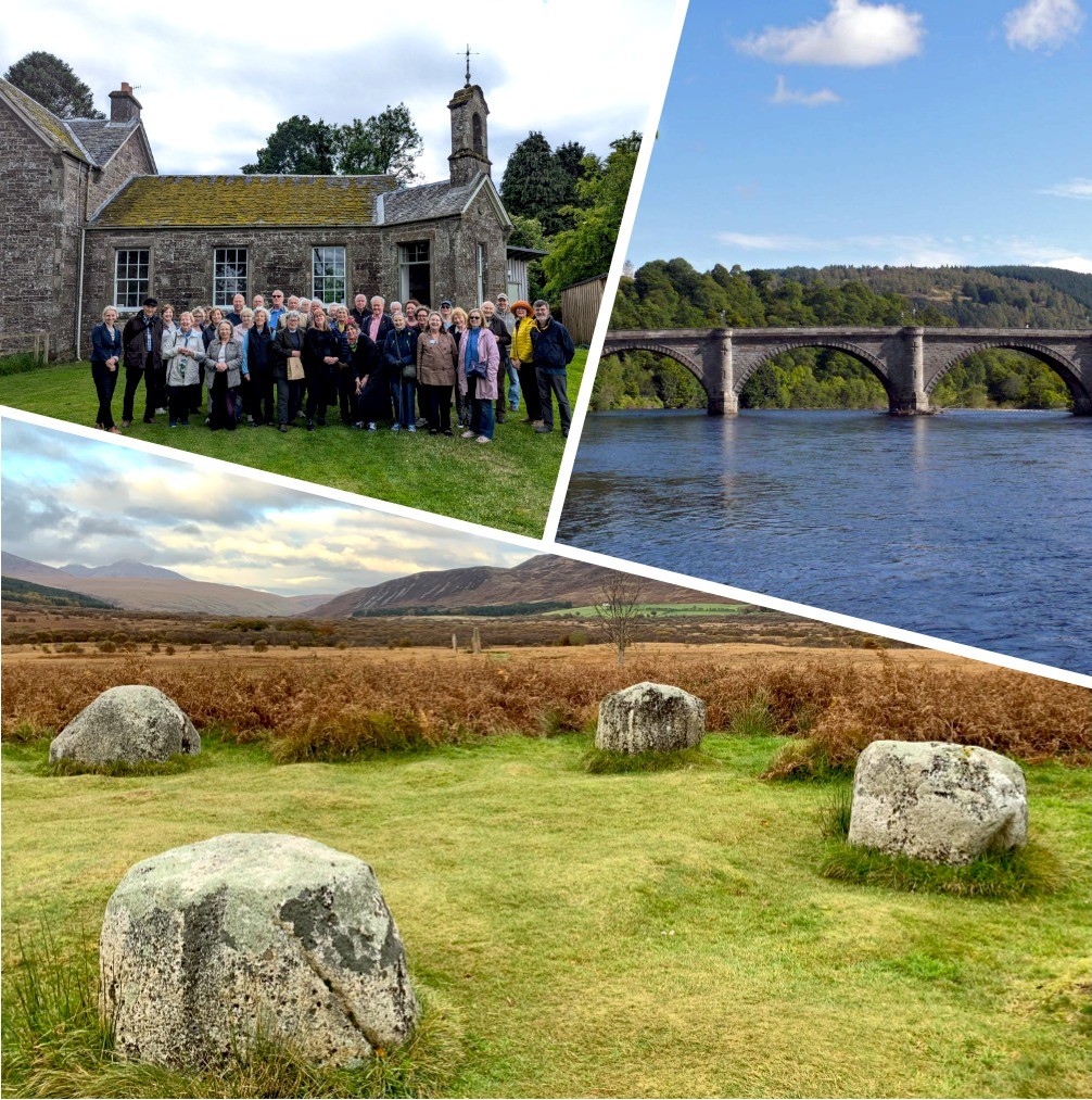 Top left: Fellows of the Society of Antiquaries of Scotland at the Innerpeffrey Library on the annual summer excursion © Society of Antiquaries of Scotland; Top right: Telford's Bridge, Dunkeld © ScARF; Bottom: Machrie Moor 2 stone circle © ScARF