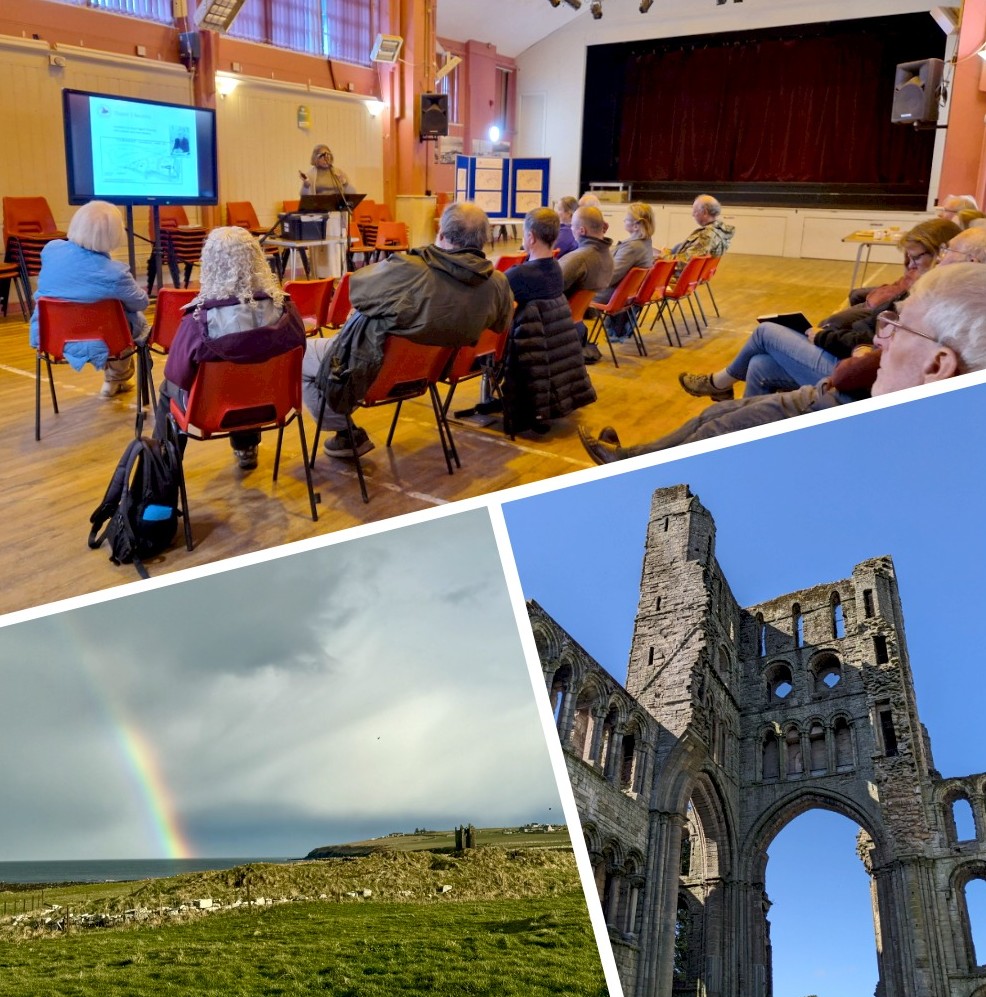 Top: Louise Turner speaking to the participants of the SWSARF event in Brodick Public Hall, Arran © Rathmell Archaeology Limited; Bottom left: Keiss Broch, Wick © ScARF; Bottom right: Kelso Abbey, South East Scotland © Bess Rhodes