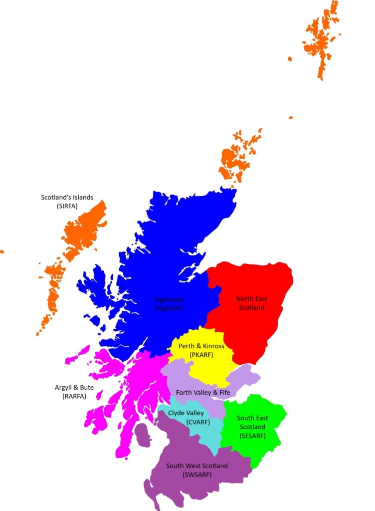 Map of Scotland showing the different ScARF regions in different colours, with the islands in Orange for the SIRFA framework. 